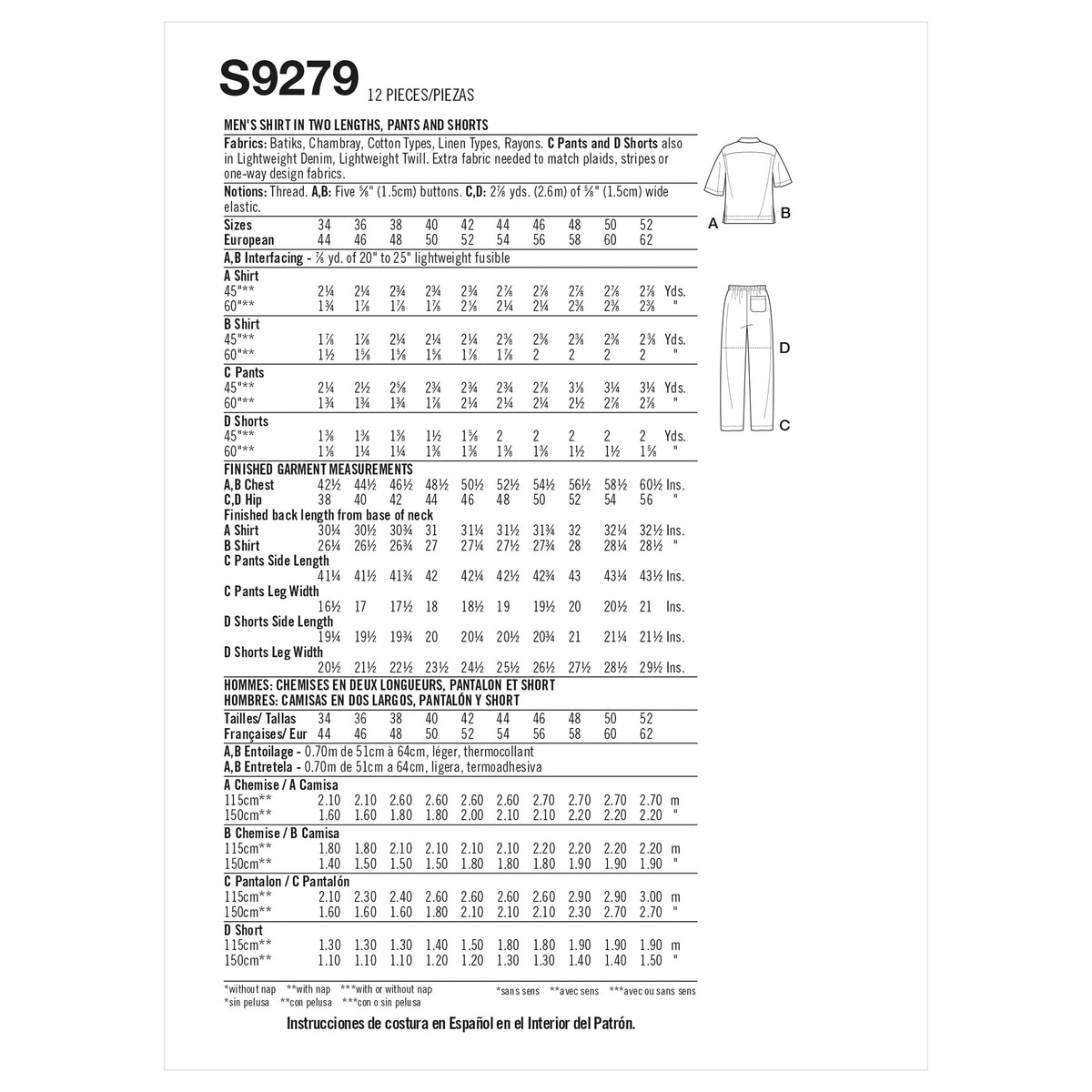 Simplicity Sewing Pattern S9279 Men's Shirt In Two Lengths, Pants & Shorts