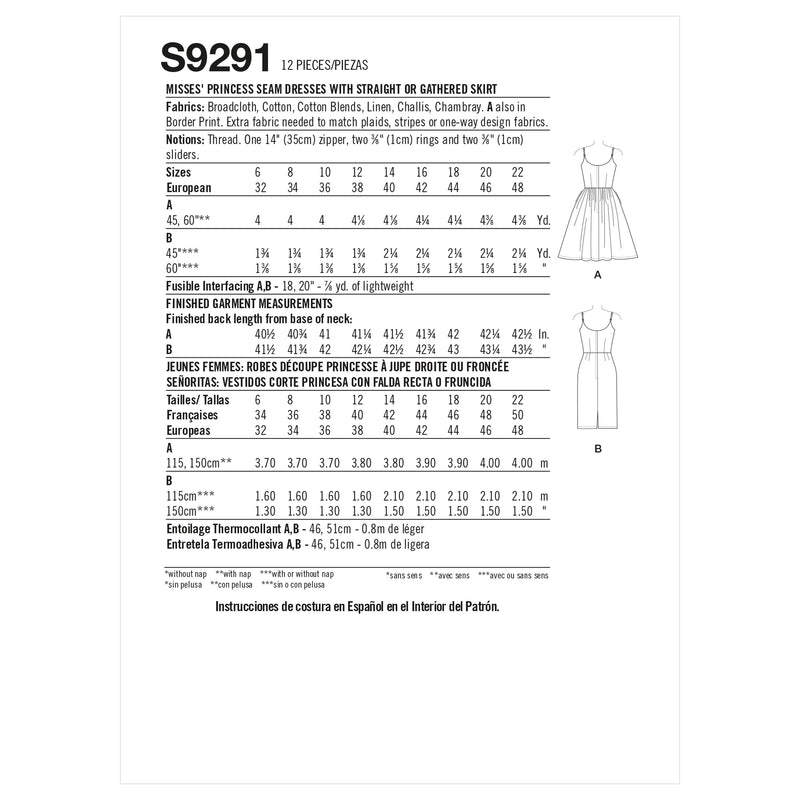 Simplicity Sewing Pattern S9291 Misses' Princess Seam Dresses With Straight or Gathered Skirt