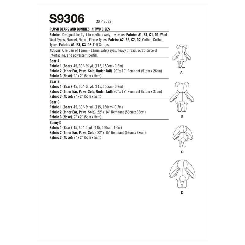 Simplicity Sewing Pattern S9306 Plush Bears & Bunnies in Two Sizes