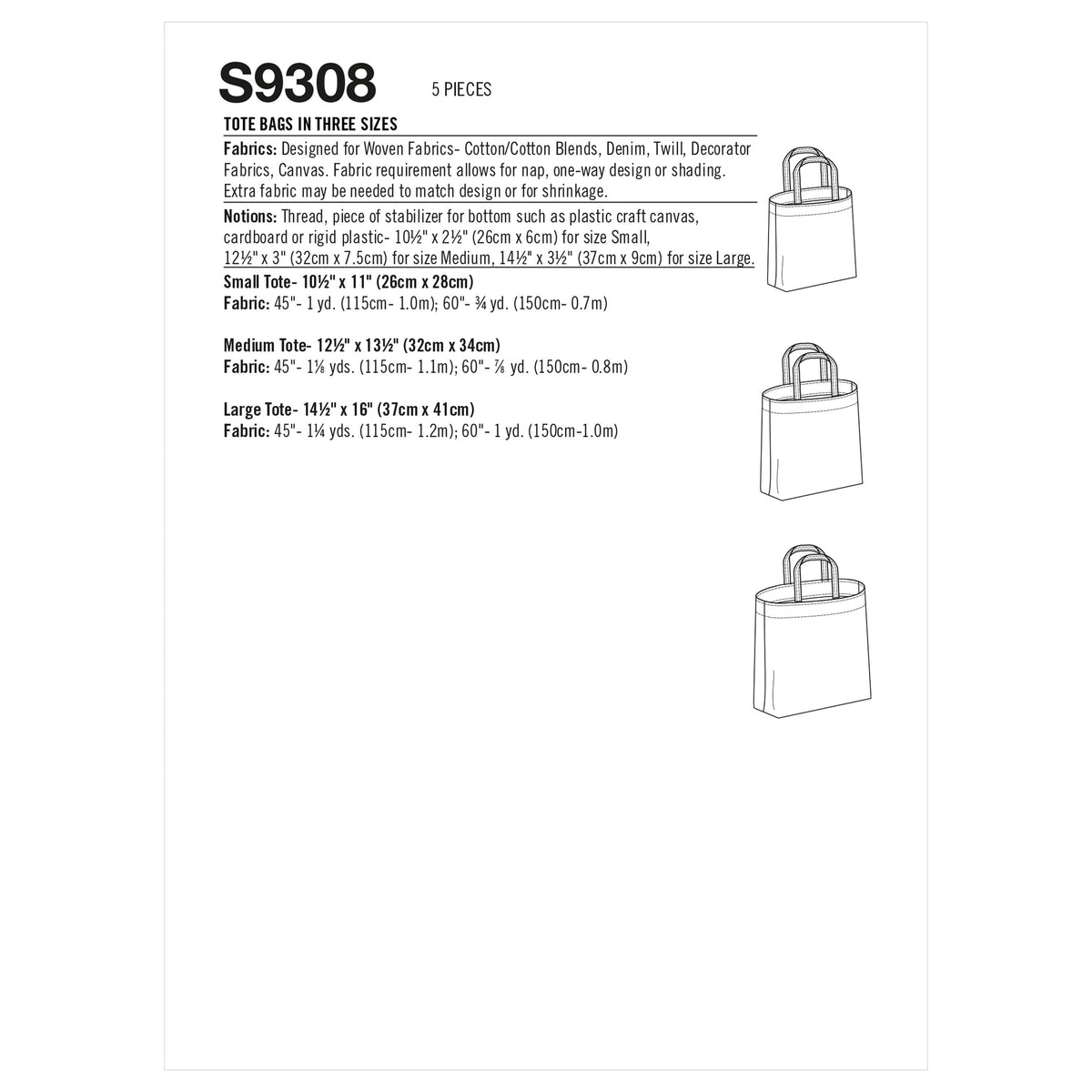 Simplicity Sewing Pattern S9308 Tote Bags in Three Sizes