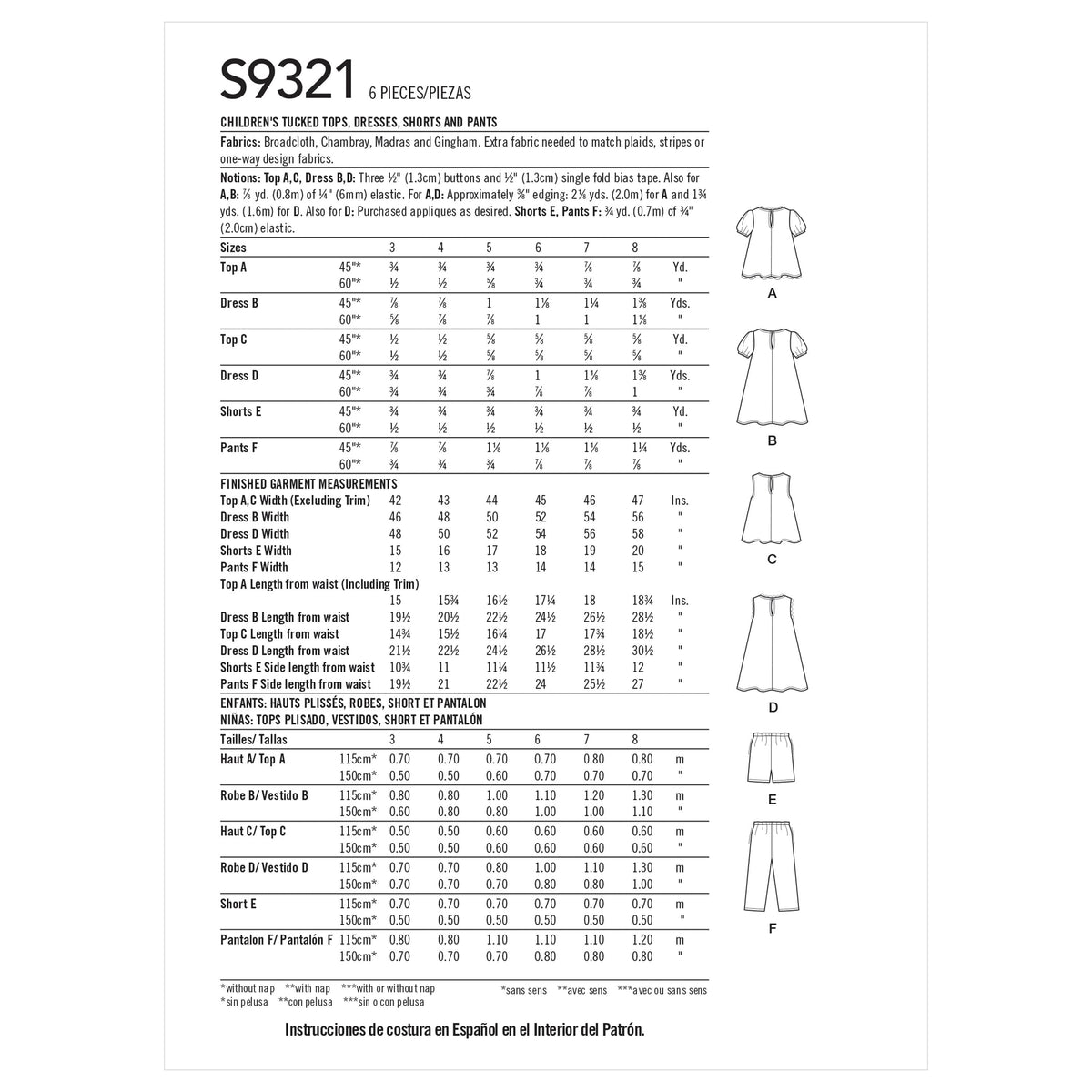 Simplicity Sewing Pattern S9321 Children's Tucked Tops, Dresses, Shorts and Pants