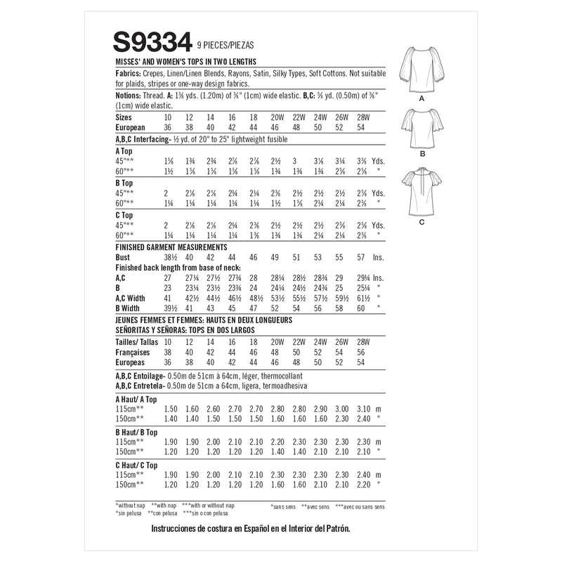 Simplicity Sewing Pattern S9334 Misses' and Women's Tops in Two Lengths