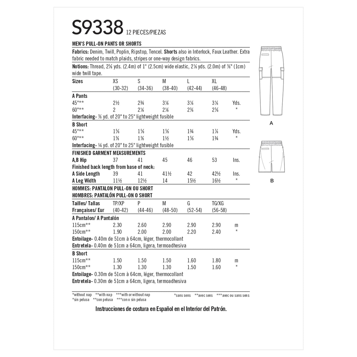 Simplicity Sewing Pattern S9338 Men's Pull-On Pants or Shorts