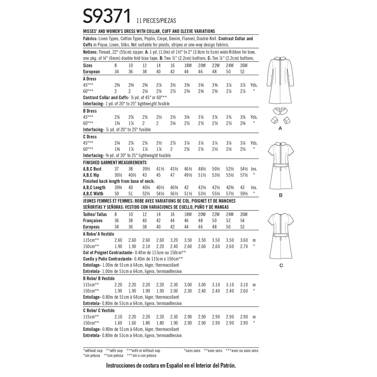 Simplicity Sewing Pattern S9371 Misses' and Women's Dress with Collar, Cuff and Sleeve Variations