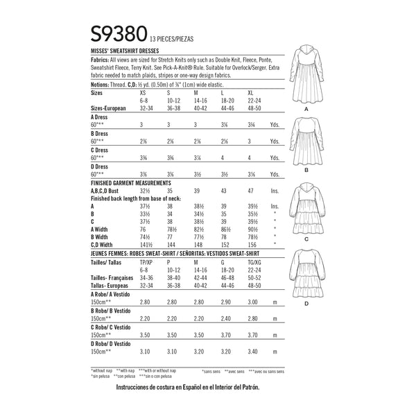 Simplicity Sewing Pattern S9380 Misses' Sweatshirt Dresses