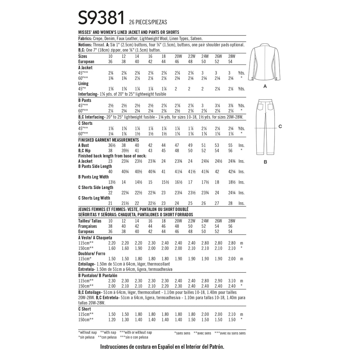 Simplicity Sewing Pattern S9381 Misses' and Women's Lined Jacket, Pants and Shorts