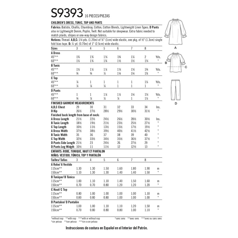 Simplicity Sewing Pattern S9393 Children's Dress, Tunic, Top and Pants