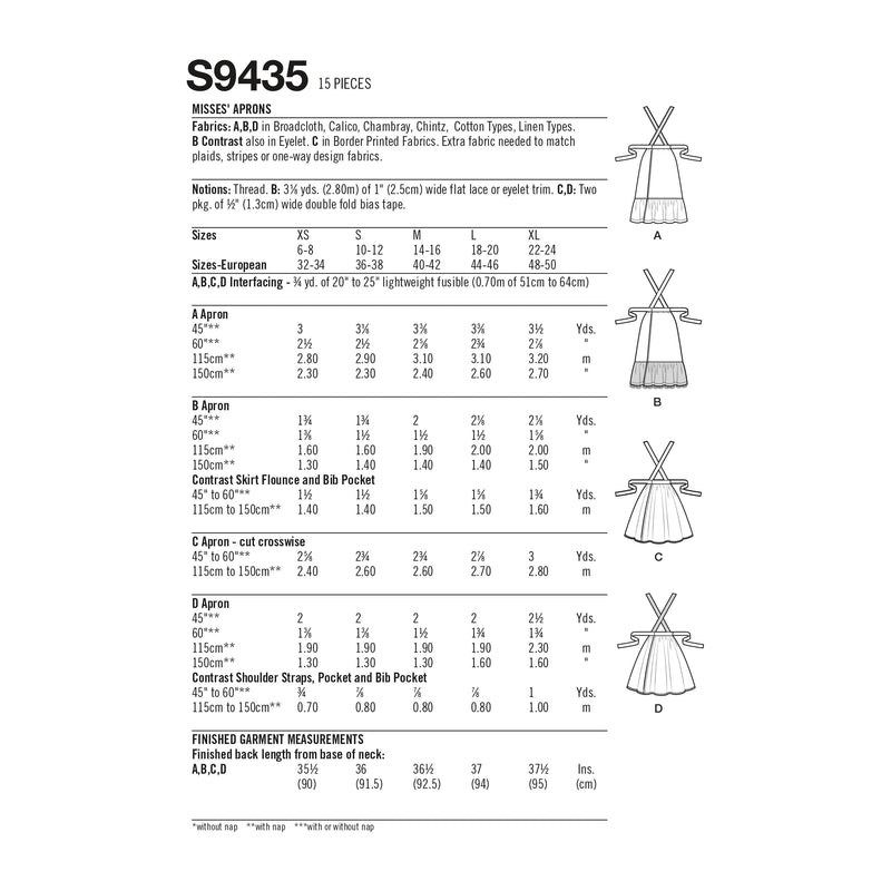 Simplicity Sewing Pattern S9435 Misses' Aprons