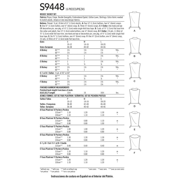 Simplicity Sewing Pattern S9448 Misses' Dickey Set