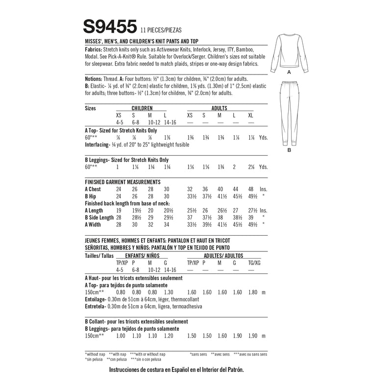 Simplicity Sewing Pattern S9455 Misses', Men's and Children's Knit Pants and Top