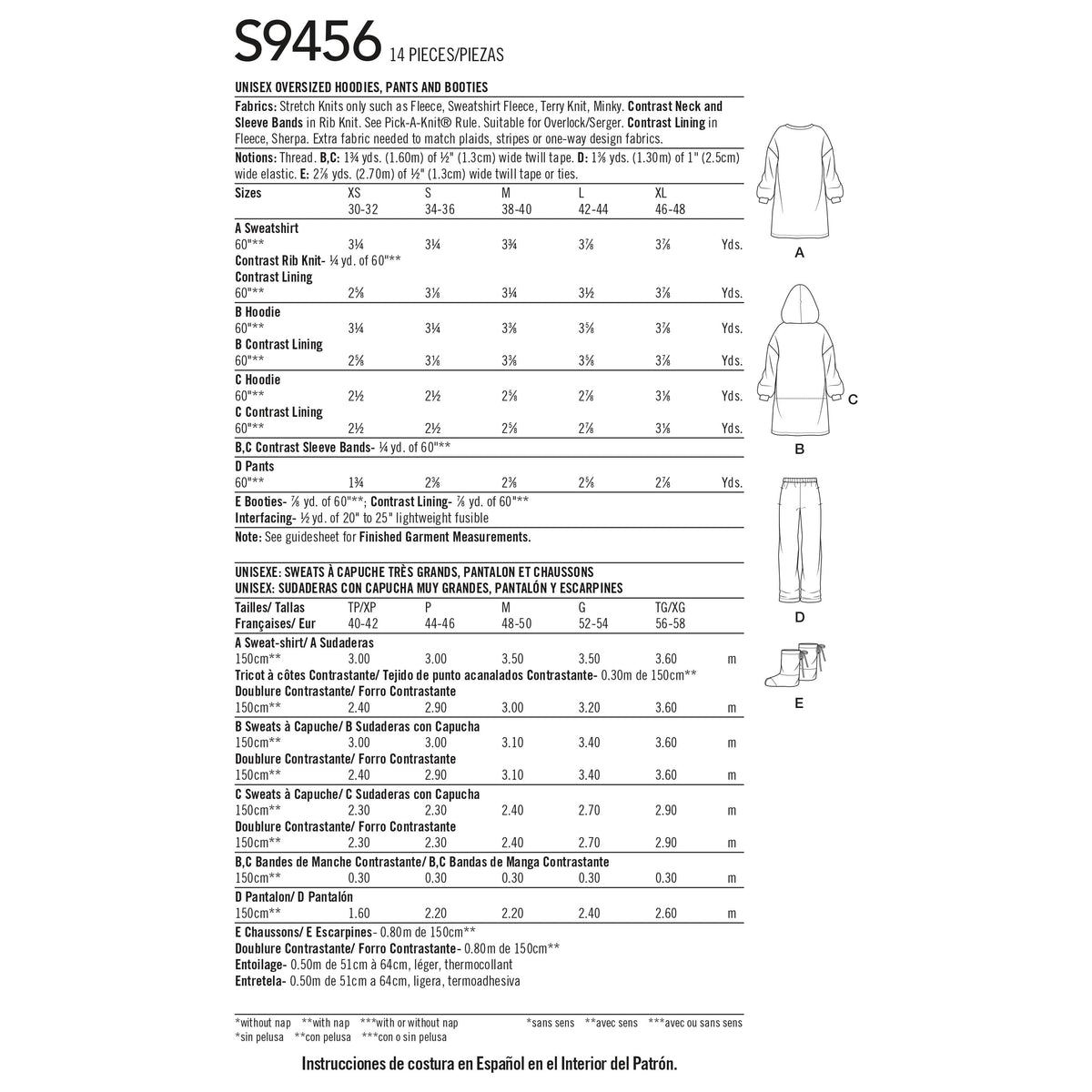 Simplicity Sewing Pattern S9456 Unisex Oversized Hoodies, Pants and Booties