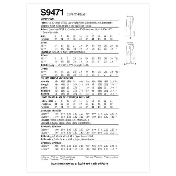 Simplicity Sewing Pattern S9471 Misses' Pants