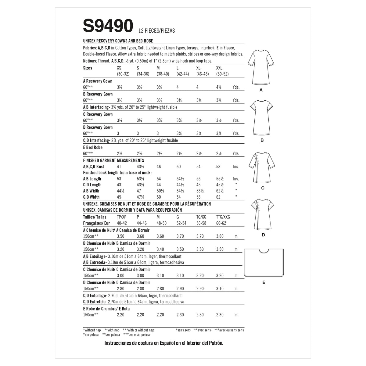 Simplicity Sewing Pattern S9490 Unisex Recovery Gowns and Bed Robe