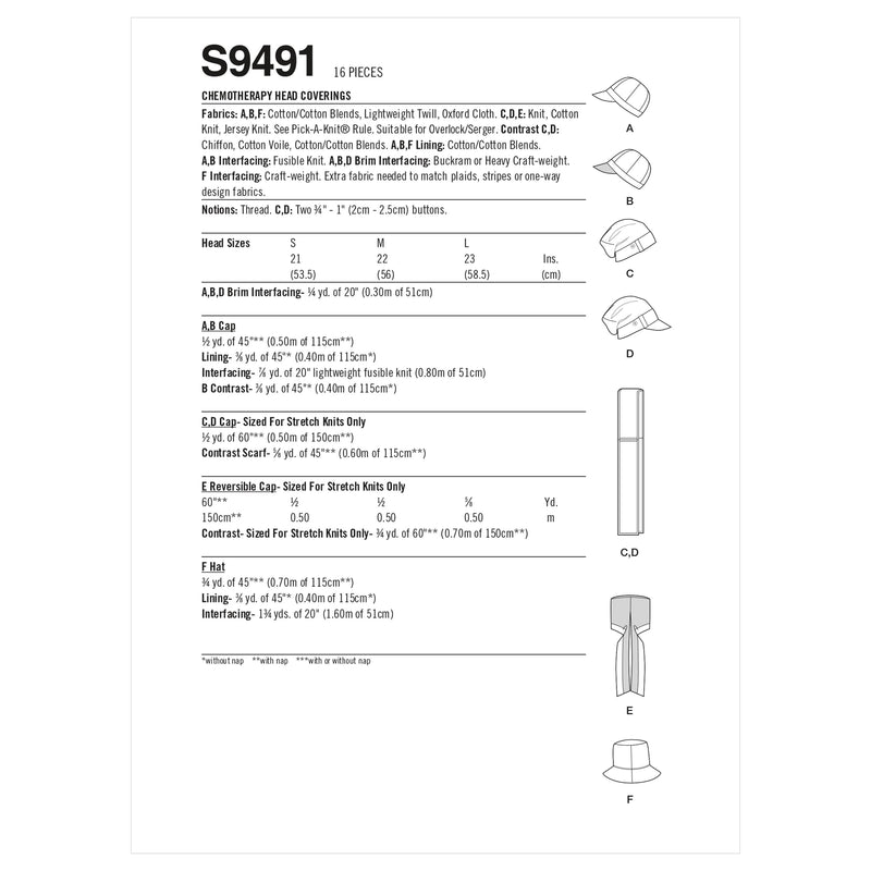 Simplicity Sewing Pattern S9491 Chemo Head Coverings