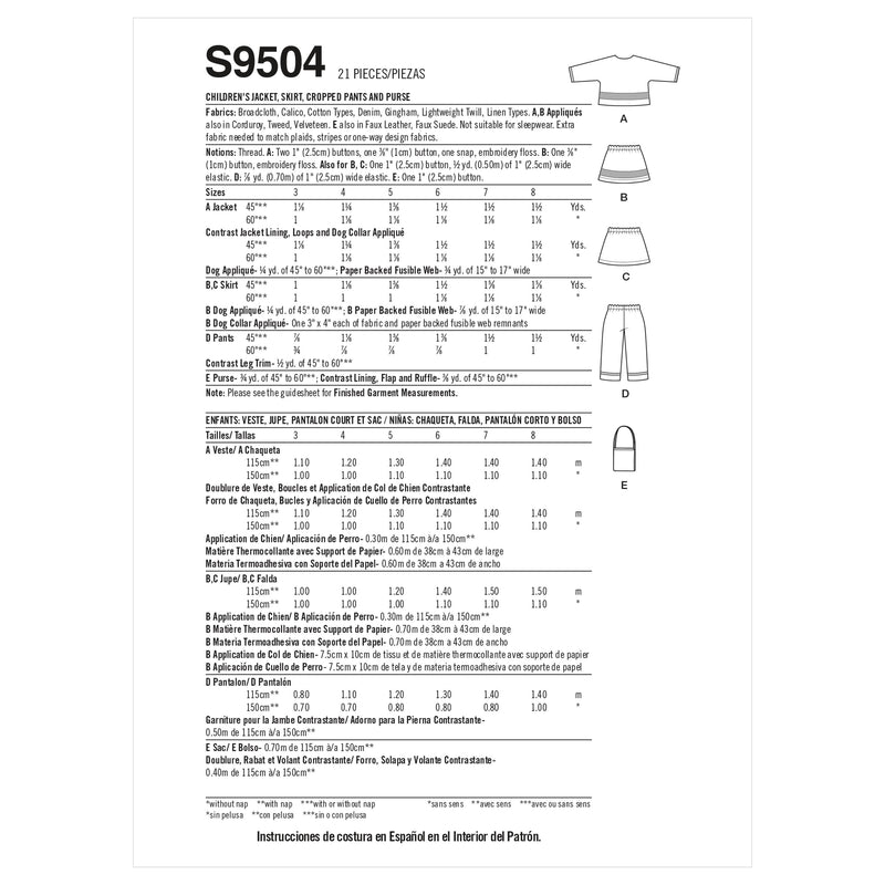 Simplicity Sewing Pattern S9504 Children's Jacket, Skirt, Cropped Pants and Purse