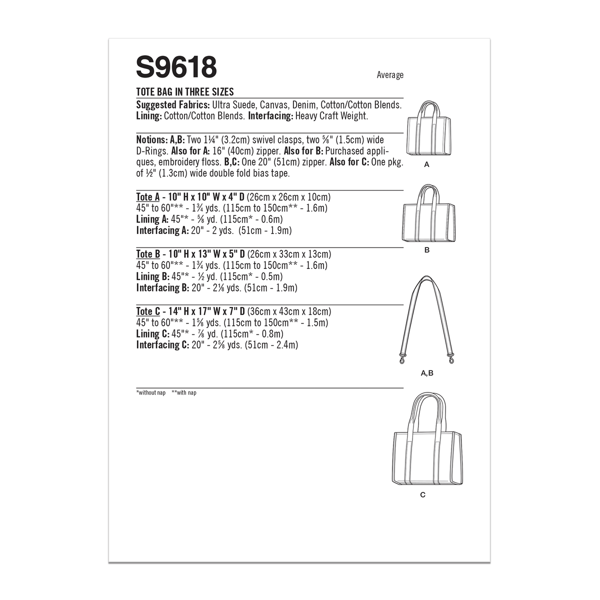 Simplicity Tote Bag in Three Sizes Sewwing Pattern S9618