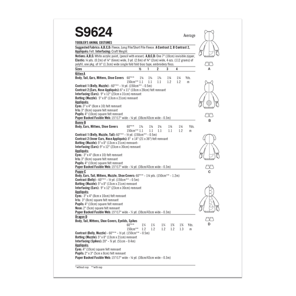 Simplicity Toddlers Animal Costumes Sewwing Pattern S9624