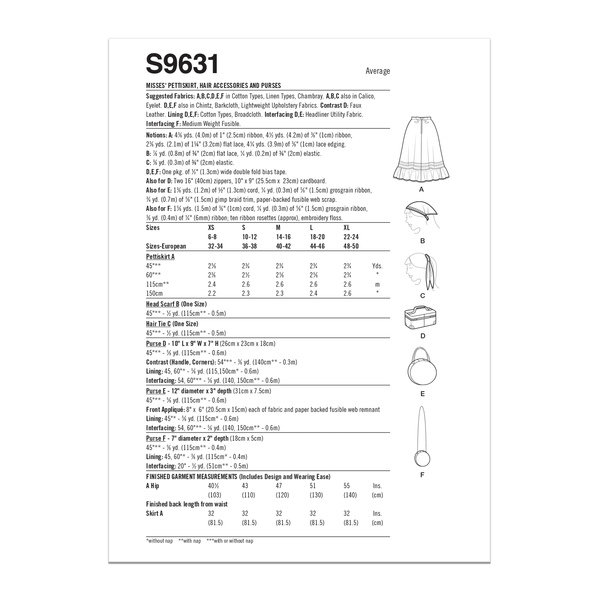 Simplicity Misses Pettiskirt in Sizes XS to XL, Hair Accessories and Purse Sewwing Pattern S9631