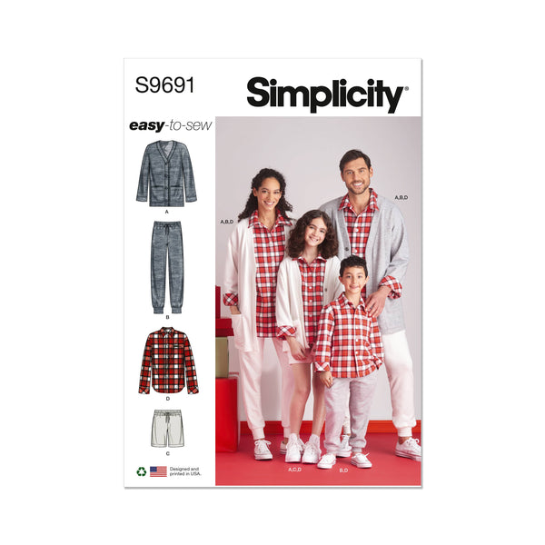 Simplicity Girls, Boys and Adults Lounge Shirt, Cardigan, Shorts and Joggers Sewing Pattern S9691