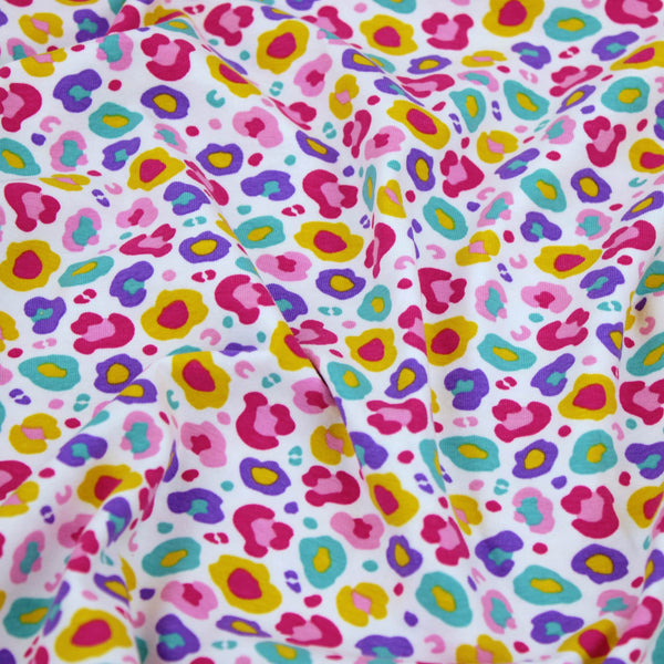 Summer Party Stretch Cotton Jersey Fabric Dressmaking Girls Boys Children Childrenswear OEKO TEX soft pattern print sewing leopard spots dots animal material  Abstract Coloured Leopard Spots