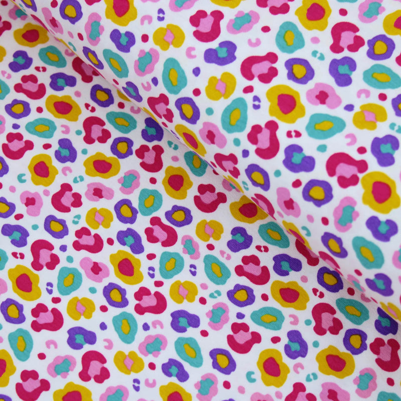 Summer Party Stretch Cotton Jersey Fabric Dressmaking Girls Boys Children Childrenswear OEKO TEX soft pattern print sewing leopard spots dots animal material  Abstract Coloured Leopard Spots