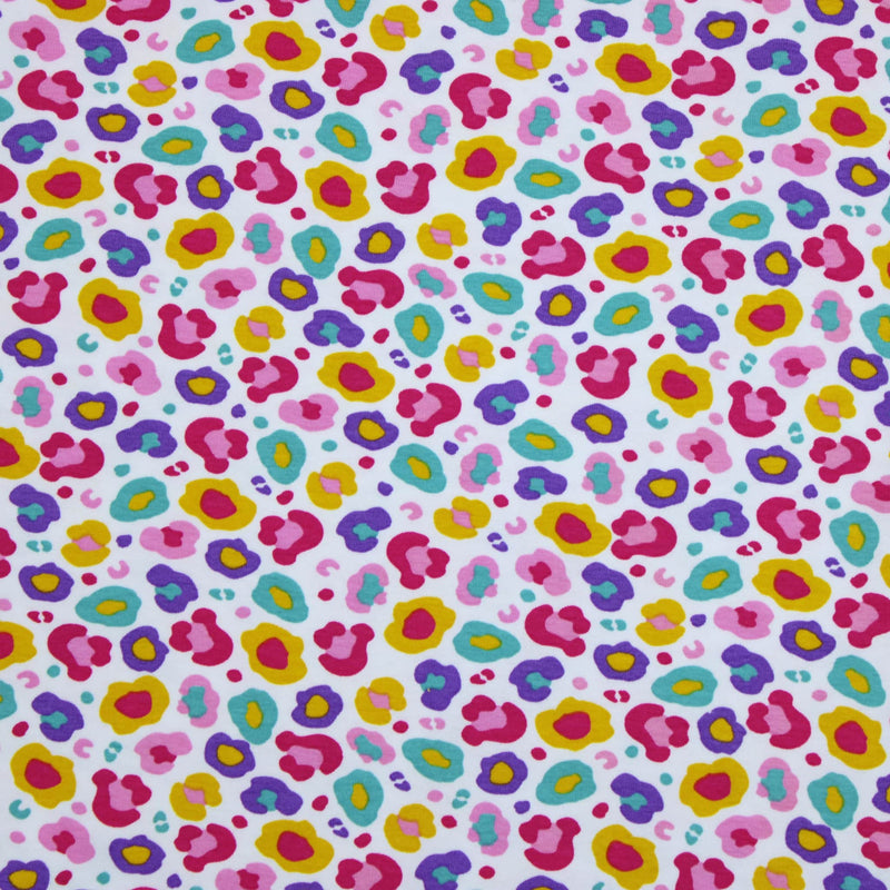 Summer Party Stretch Cotton Jersey Fabric Dressmaking Girls Boys Children Childrenswear OEKO TEX soft pattern print sewing leopard spots dots animal material  Abstract Coloured Leopard Spots