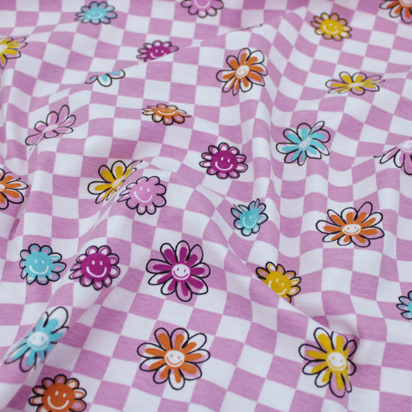 Summer Party Stretch Cotton Jersey Fabric Dressmaking Girls Boys Children Childrenswear OEKO TEX soft pattern print sewing flowers floral Material Checks and Happy Flowers