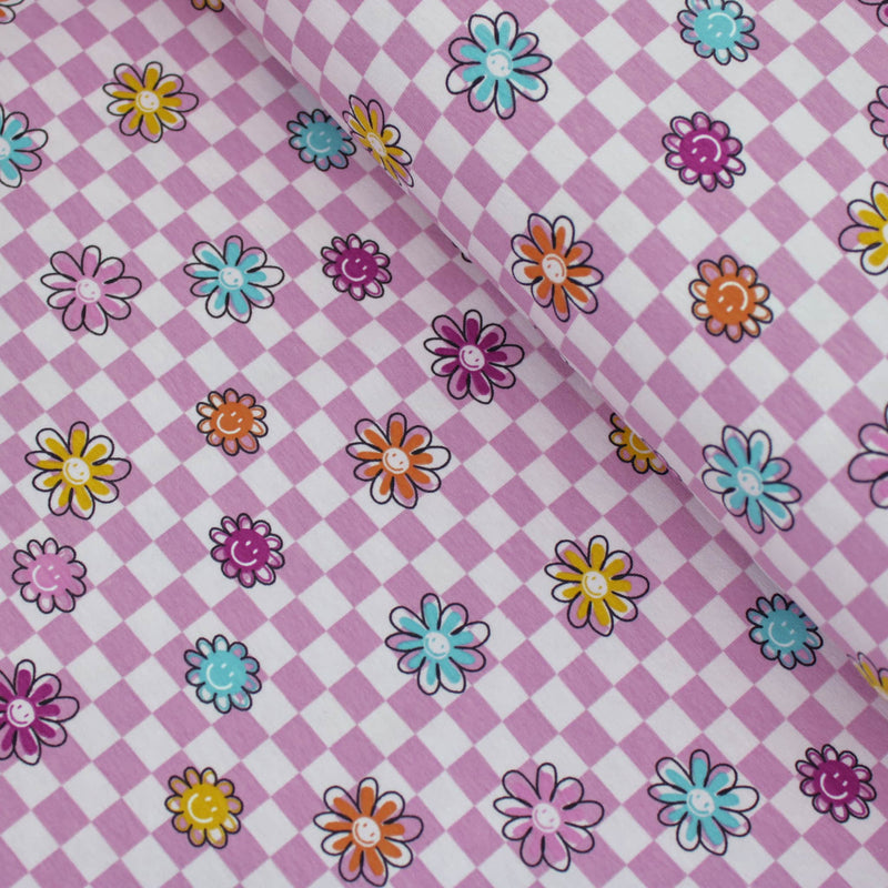 Summer Party Stretch Cotton Jersey Fabric Dressmaking Girls Boys Children Childrenswear OEKO TEX soft pattern print sewing flowers floral Material Checks and Happy Flowers