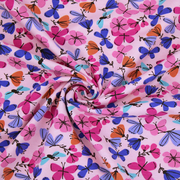 Summer Party Stretch Cotton Jersey Fabric Dressmaking Girls Boys Children Childrenswear OEKO TEX soft pattern print sewing butterflies material Pink Butterflies