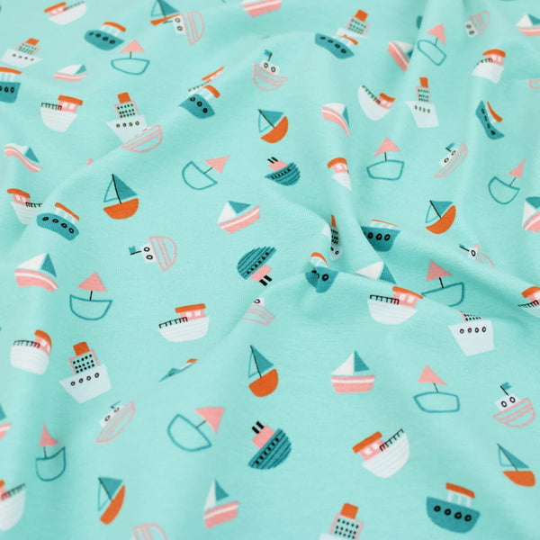 Summer Party Stretch Cotton Jersey Fabric Dressmaking Girls Boys Children Childrenswear OEKO TEX soft pattern print sewing sea beach boats ships material Yachts and Boats