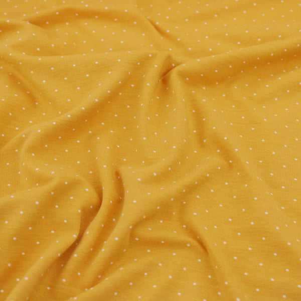 Teeny Tiny Spots Cotton Jersey Print Dressmaking Fabric Material Kids OEKO TEX Jersey Stretch spandex Nightwear Pyjamas dots polka Knit soft Mustard Yellow