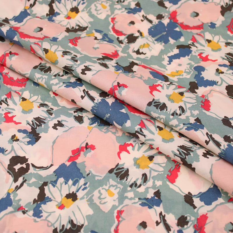 Vintage Watercolour Pima Cotton Lawn Print Pattern Dressmaking Flowers Fabric Soft Material Women Mint