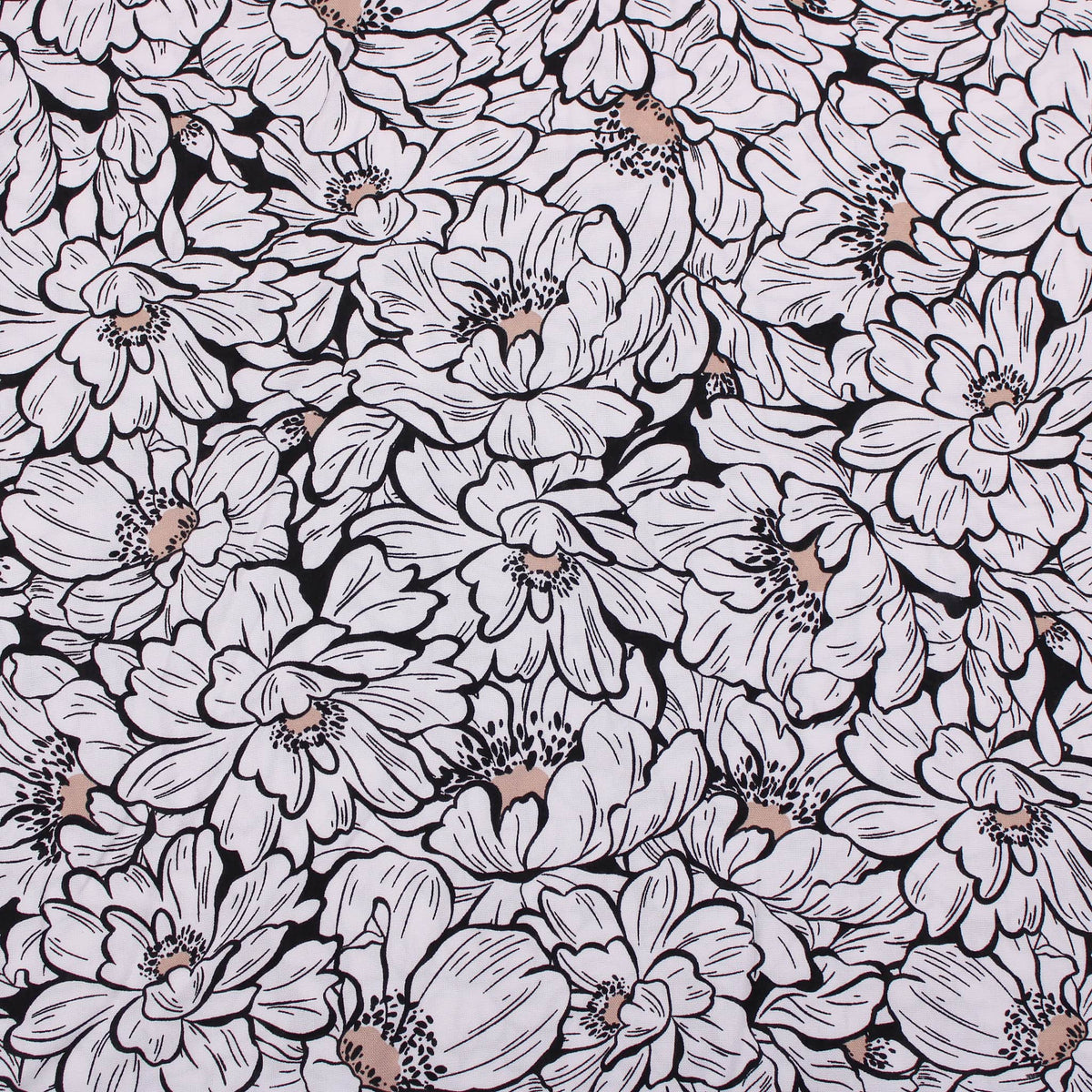 Viscose Challis Black and White Flowers Dressmaking Fabric Material Blouse Dress Natural Floral Pattern Print Women  Lizzy