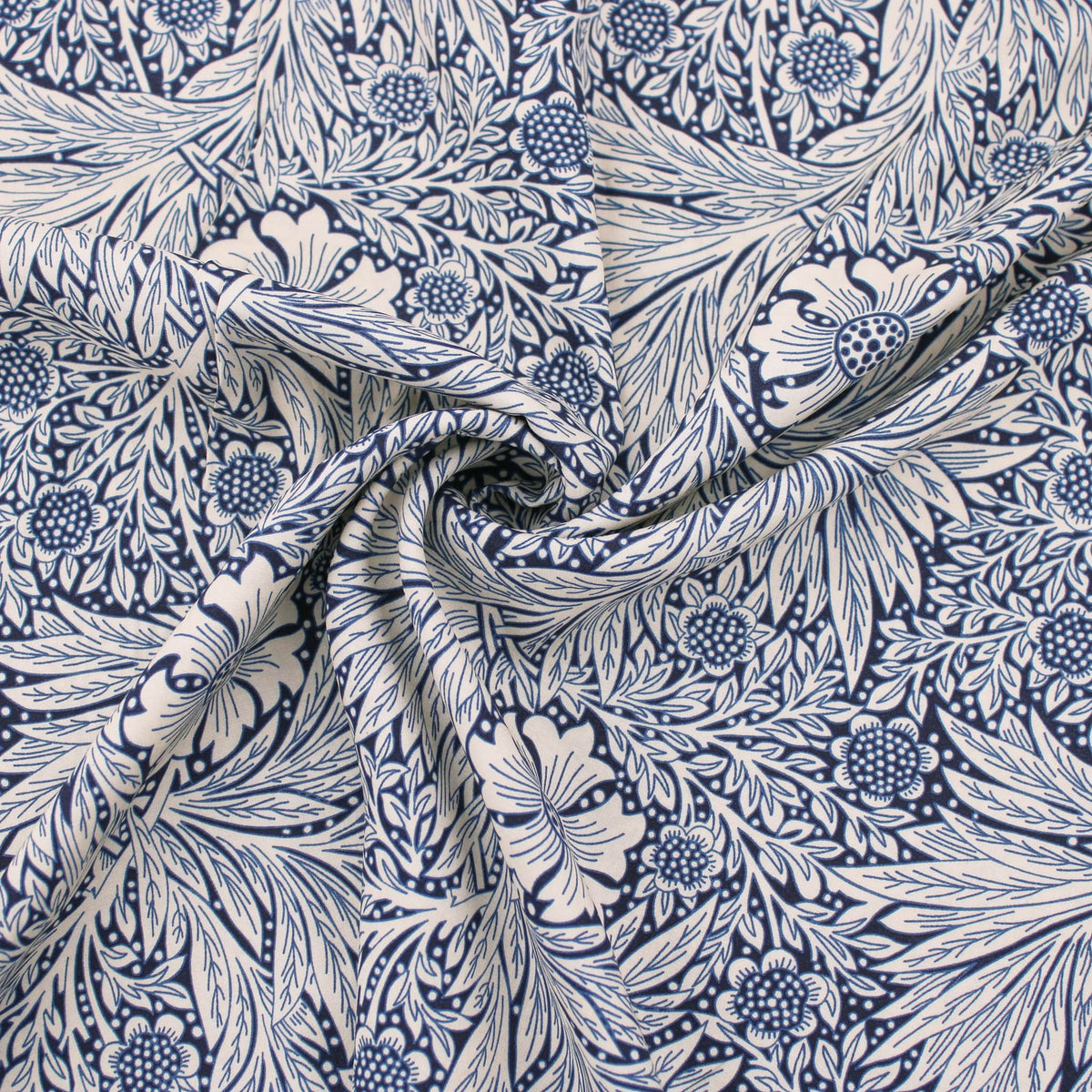 William Morris Marigold Viscose Challis Dressmaking Fabric material soft woven drape pattern designer flowers floral rayon leaf women Navy