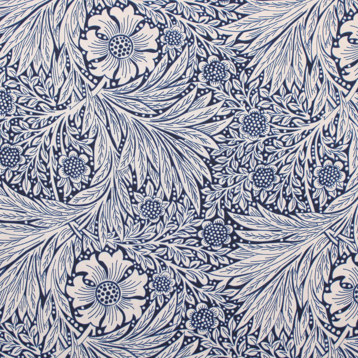 William Morris Marigold Viscose Challis Dressmaking Fabric material soft woven drape pattern designer flowers floral rayon leaf women Navy