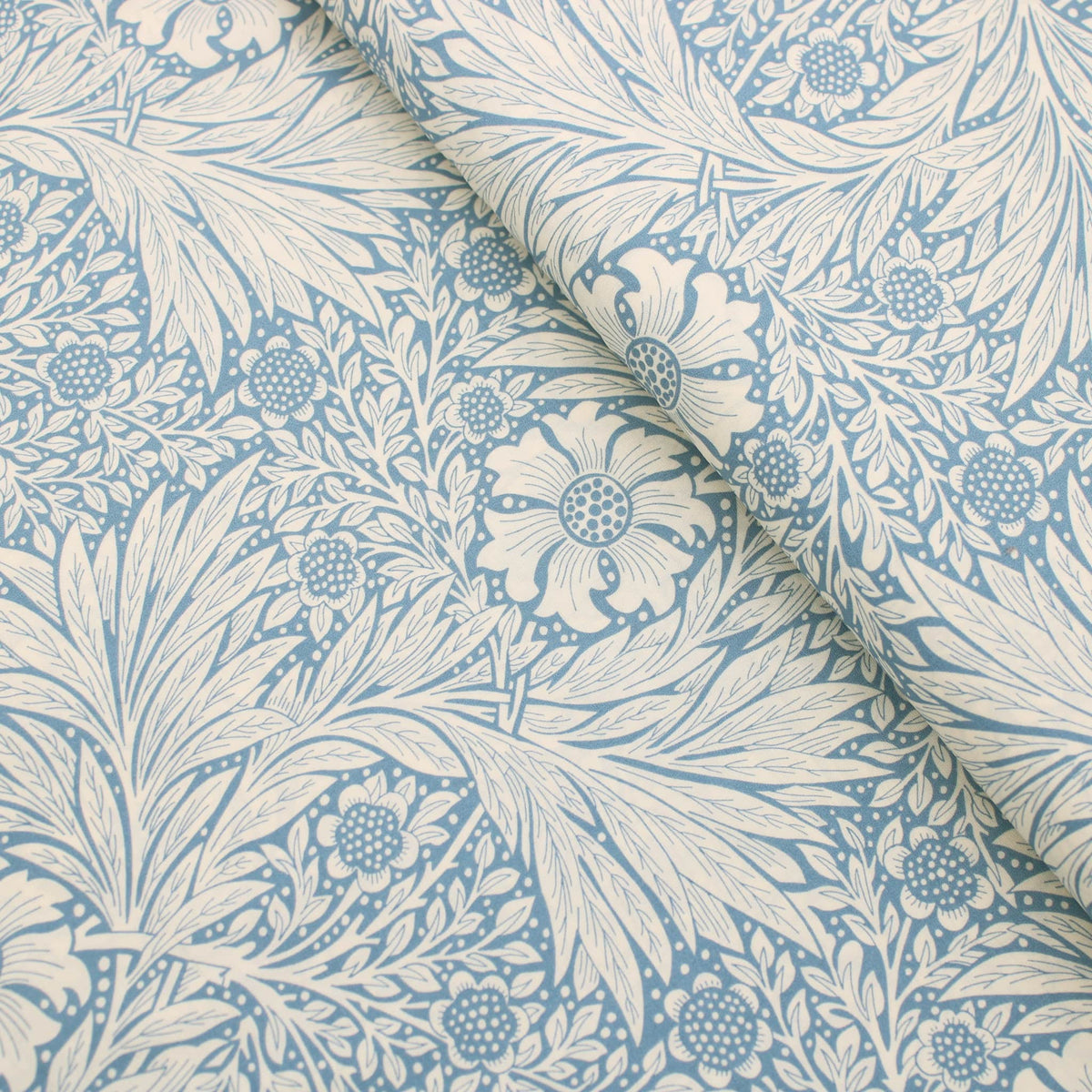 William Morris Marigold Viscose Challis Dressmaking Fabric material soft woven drape pattern designer flowers floral rayon leaf women Powder Blue