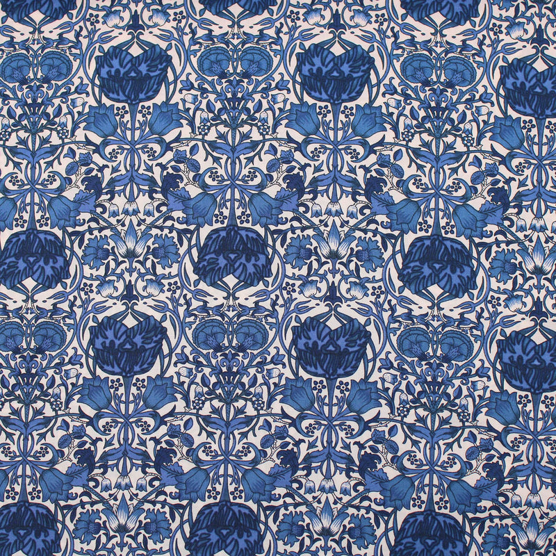 William Morris Lodden Lily Pima Cotton Lawn pattern silky english quilting floral dressmaking soft woven drape lightweight silky fabric material woven Morris & Co Designer Art deco floral flower Royal Navy