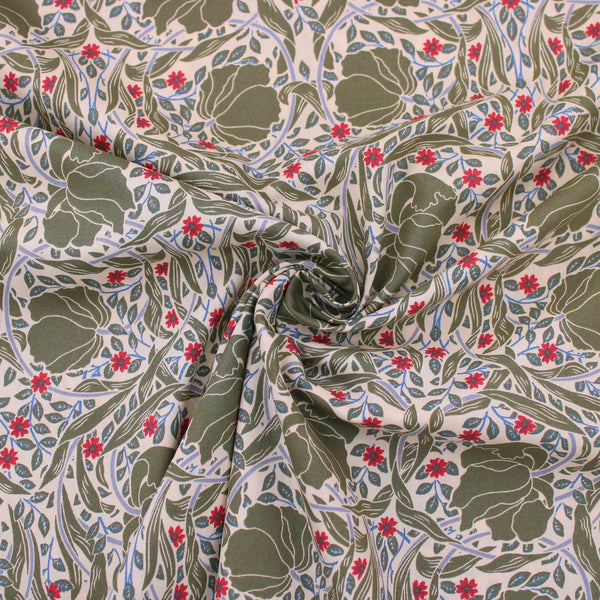 William Morris Pimpernel Pima Cotton Lawn pattern silky english quilting floral dressmaking soft woven drape lightweight silky fabric material woven Morris & Co Designer Art deco floral flower Willow Green