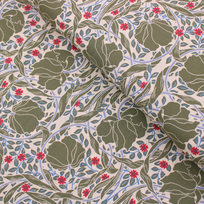 William Morris Pimpernel Pima Cotton Lawn pattern silky english quilting floral dressmaking soft woven drape lightweight silky fabric material woven Morris & Co Designer Art deco floral flower Willow Green