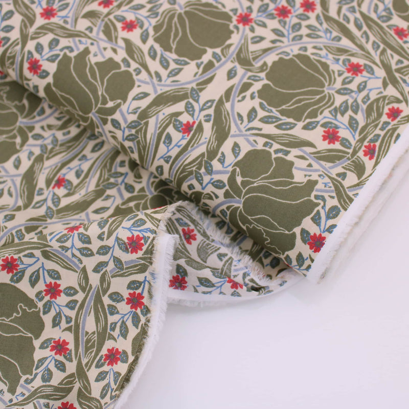 William Morris Pimpernel Pima Cotton Lawn pattern silky english quilting floral dressmaking soft woven drape lightweight silky fabric material woven Morris & Co Designer Art deco floral flower Willow Green