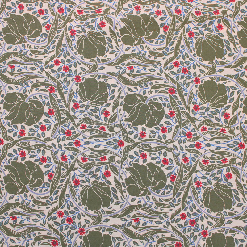 William Morris Pimpernel Pima Cotton Lawn pattern silky english quilting floral dressmaking soft woven drape lightweight silky fabric material woven Morris & Co Designer Art deco floral flower Willow Green