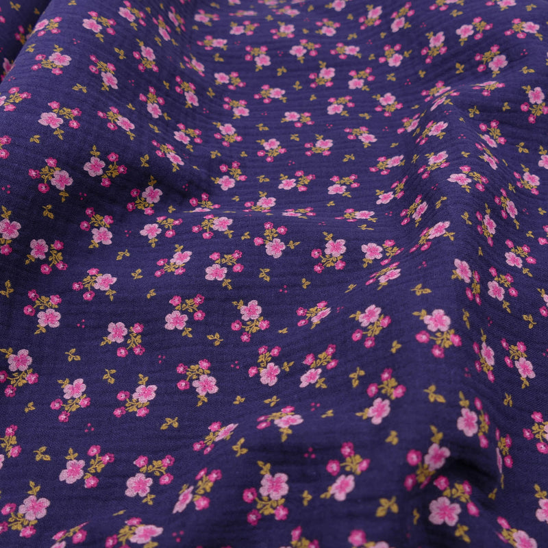 organic 100% cotton double gauze in winterberry floral print Navy