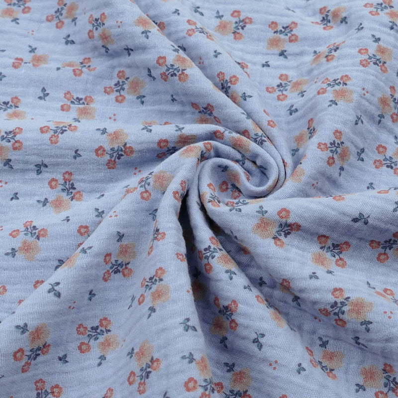 organic 100% cotton double gauze in winterberry floral print Sky Blue