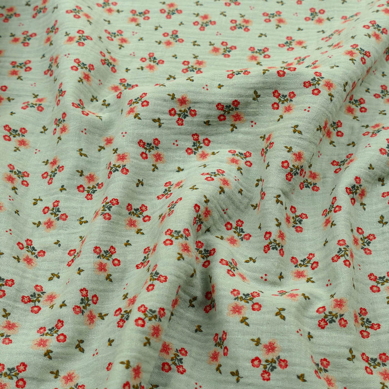 organic 100% cotton double gauze in winterberry floral print Spearmint